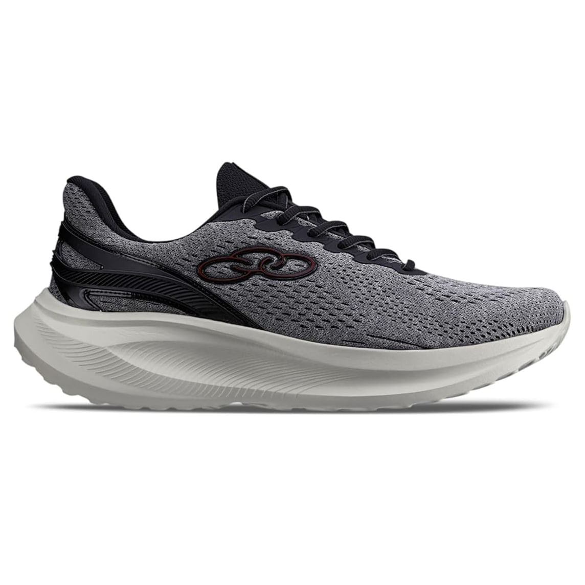 Tênis Olympikus Triunfo 3 masculino cinza visto de frente com detalhes em vermelho e solado branco